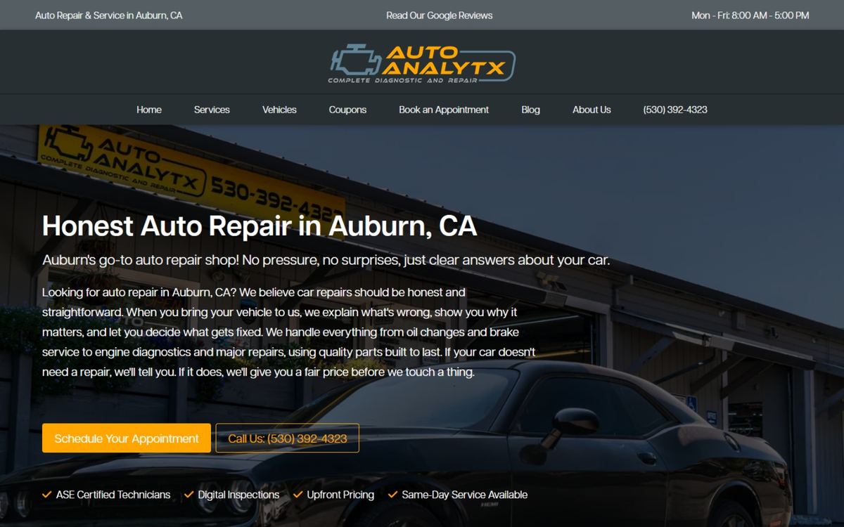 Auto Analytx home page: honest auto repair in Auburn, with Schedule Your Appointment and call buttons