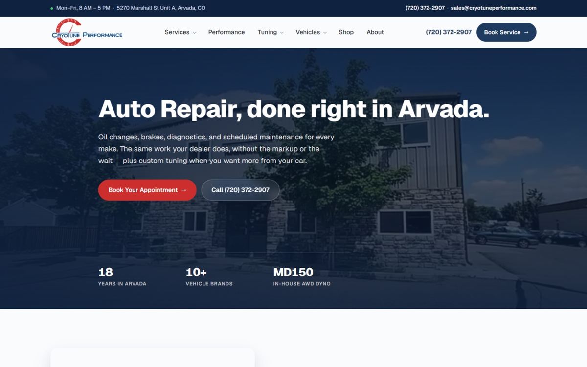 Cryotune Performance home page: auto repair in Arvada, with Book Your Appointment and call buttons