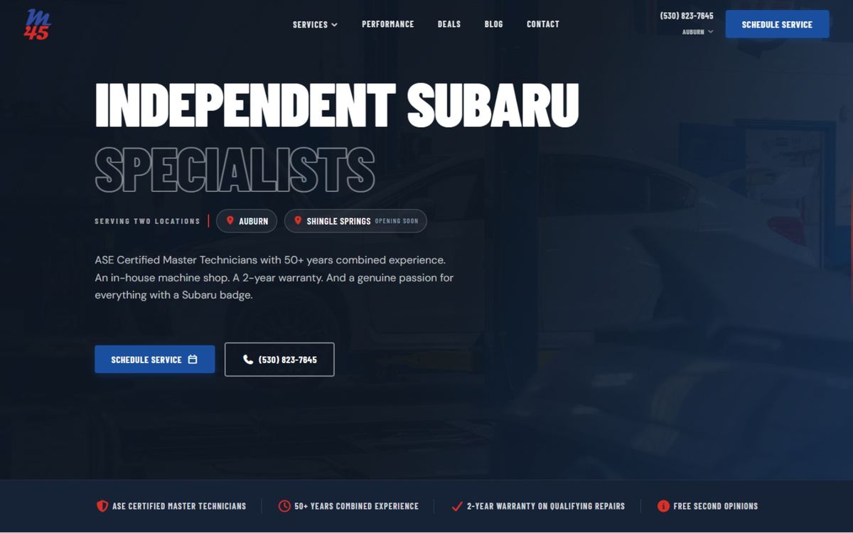 M45 Automotive home page: independent Subaru specialists in Auburn, with Schedule Service and call buttons
