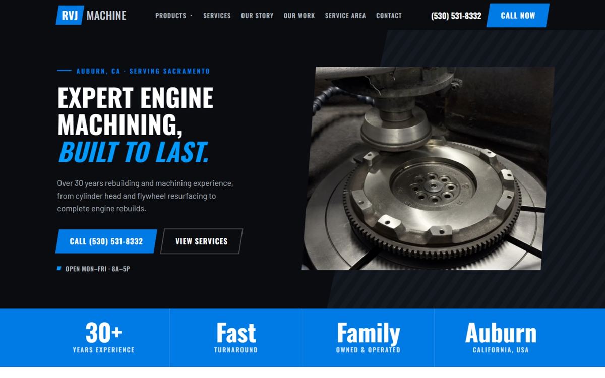 RVJ Machine home page: engine machining in Auburn, with a call button and a resurfaced flywheel on the machine