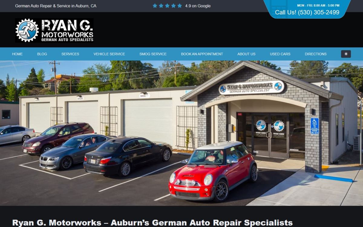 Ryan G. Motorworks home page: German auto repair in Auburn, with hours and phone in the header