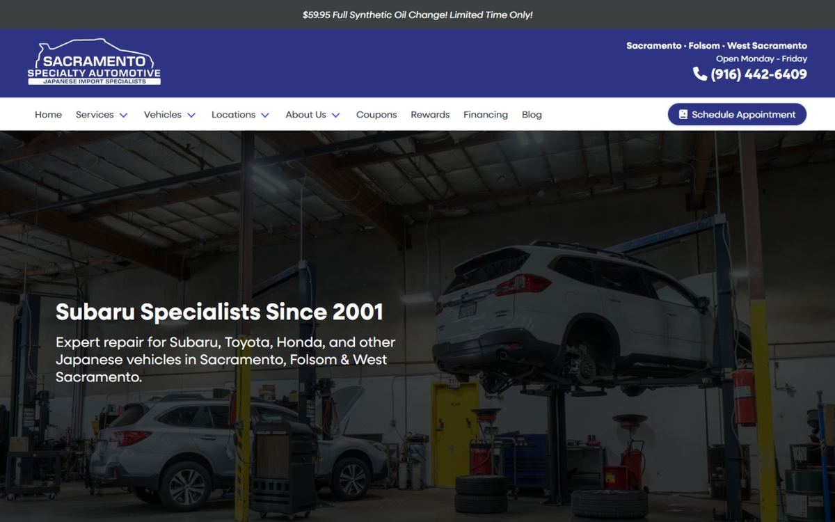 Sacramento Specialty Automotive home page: Subaru specialists since 2001, with a Subaru on a lift
