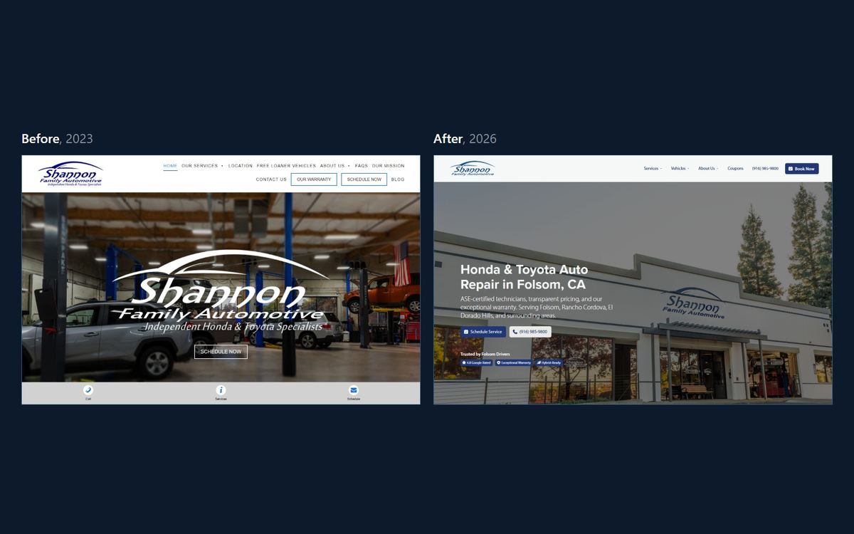 Shannon Family Automotive's 2023 home page beside the rebuilt one