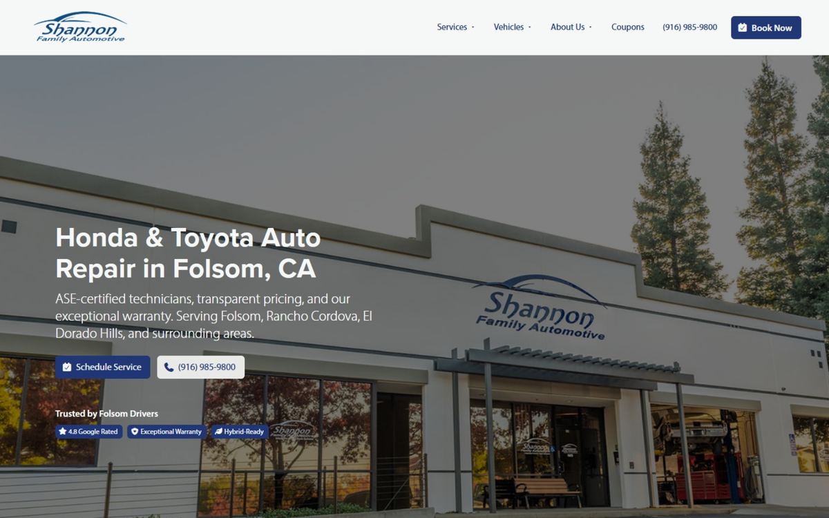 Shannon Family Automotive home page: Honda and Toyota repair in Folsom, with Schedule Service and call buttons in the hero